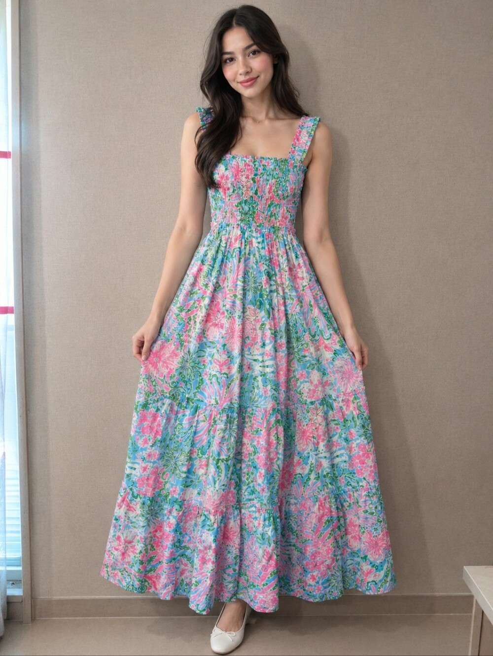 Lily Pulitzer Hadly Cotton Floral Smocked Maxi Dress - Pink & Blue Sz Xs New